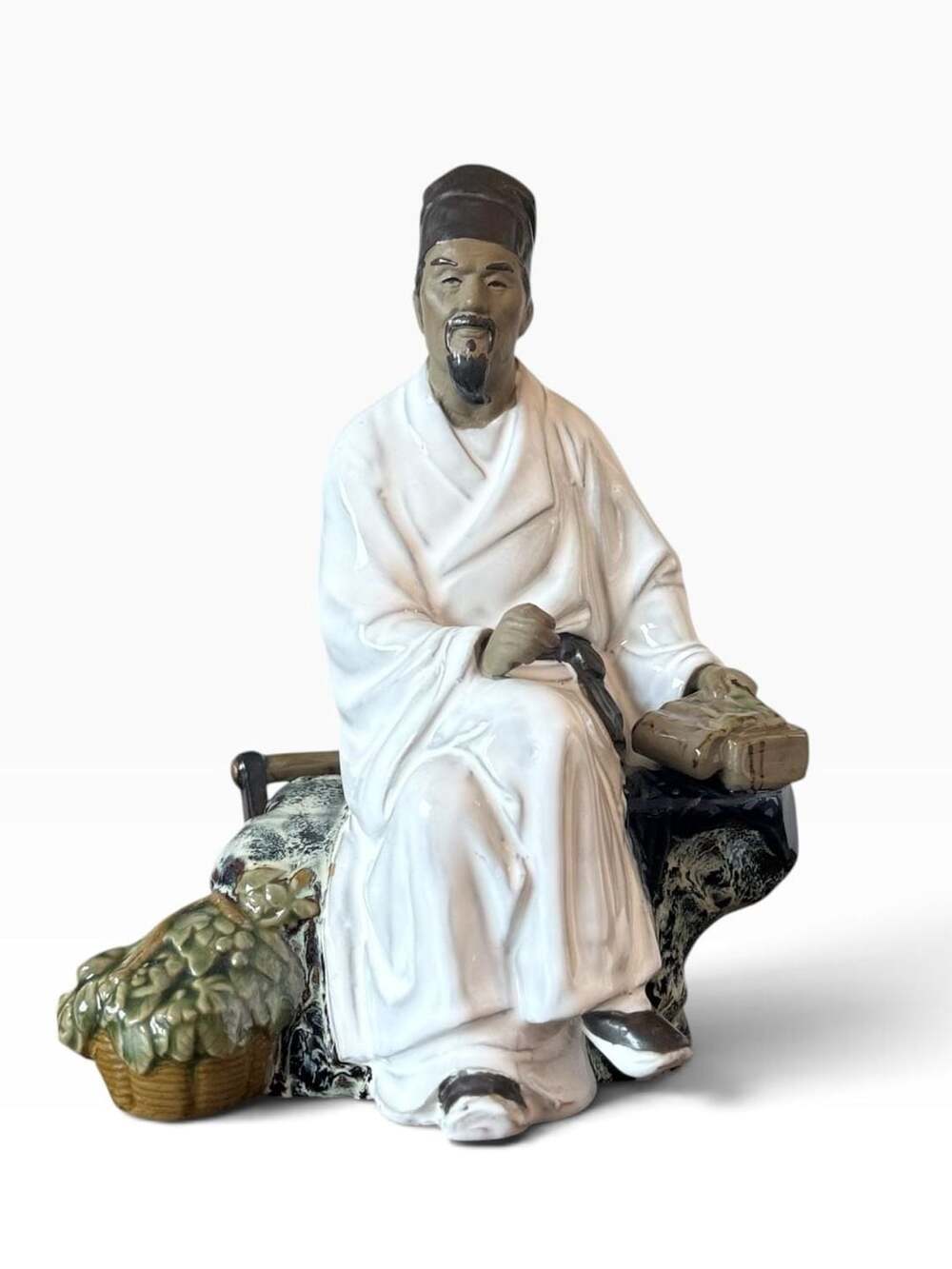 Vintage Chinese Shiwan Mudman Seated Scholar Figurine Holding Book